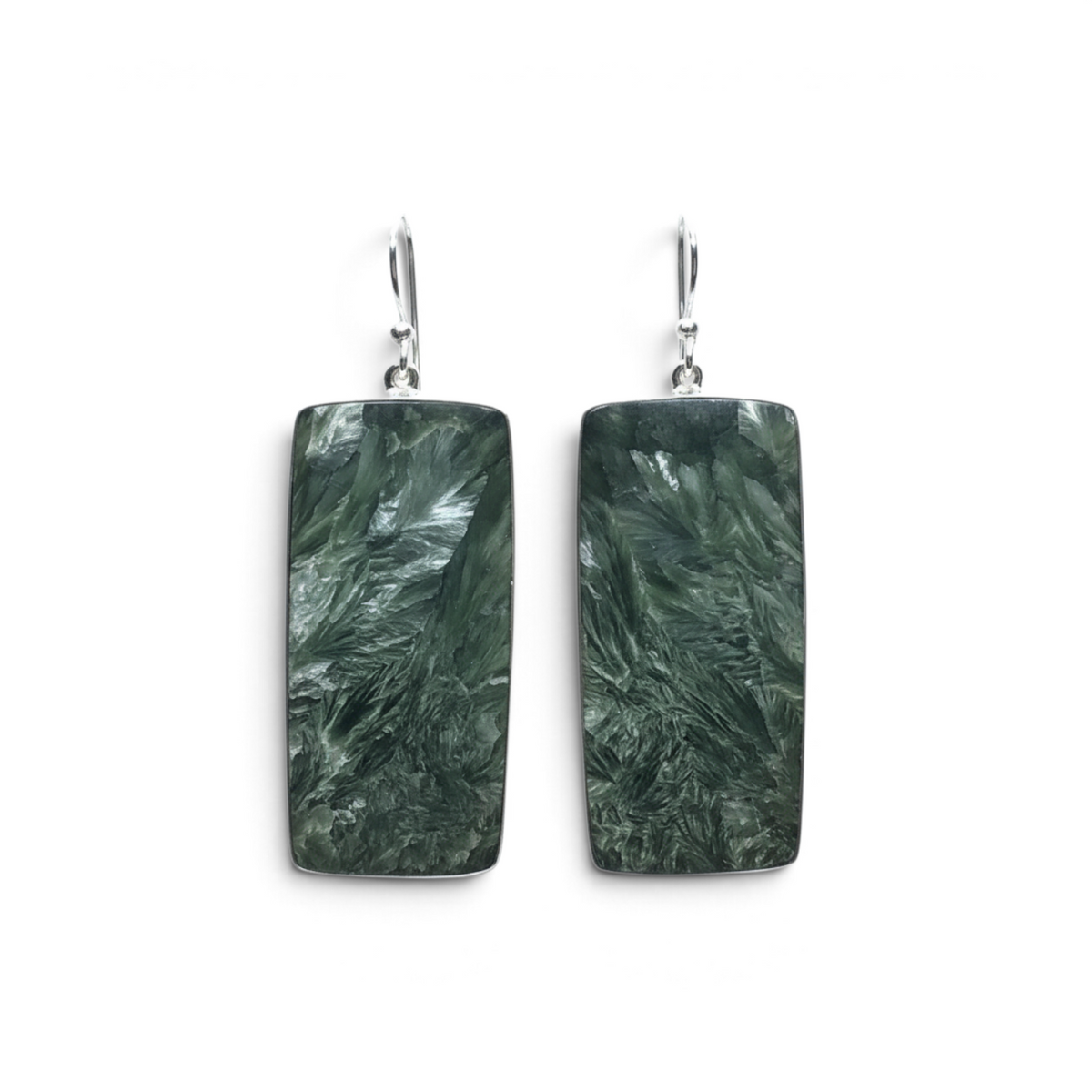 Rare Earth Gallery seraphinite dangle earrings featuring elongated rectangular cabochons in sterling silver bezels.