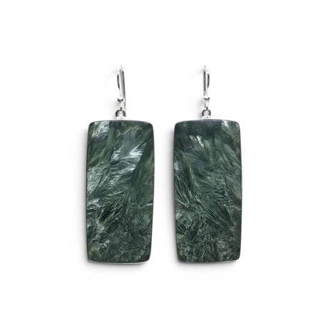 Rare Earth Gallery seraphinite dangle earrings featuring elongated rectangular cabochons in sterling silver bezels.