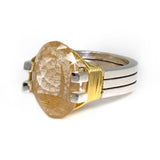 Faceted Golden Rutile Quartz Ring - Oval Prong Set in Sleek Industrial Design Band with 24k Gold Vermeil Wire Wrap Size 8