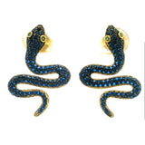Nano Stone Stud Earrings - Blue Snake with Green Eyes in Gold Vermeil over 925 Sterling Silver