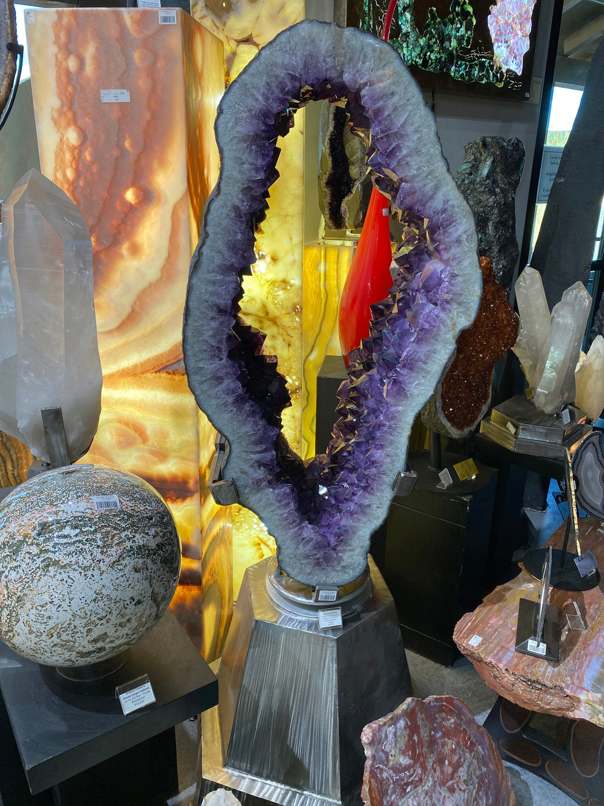 Amethyst Geode Wide Ring On Hexagonal Rotating Base