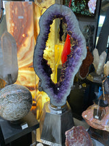 Amethyst Geode Wide Ring On Hexagonal Rotating Base