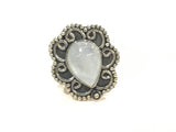 Rainbow Moonstone Ring - Droplet In Flat Design Bezel Sz6.5