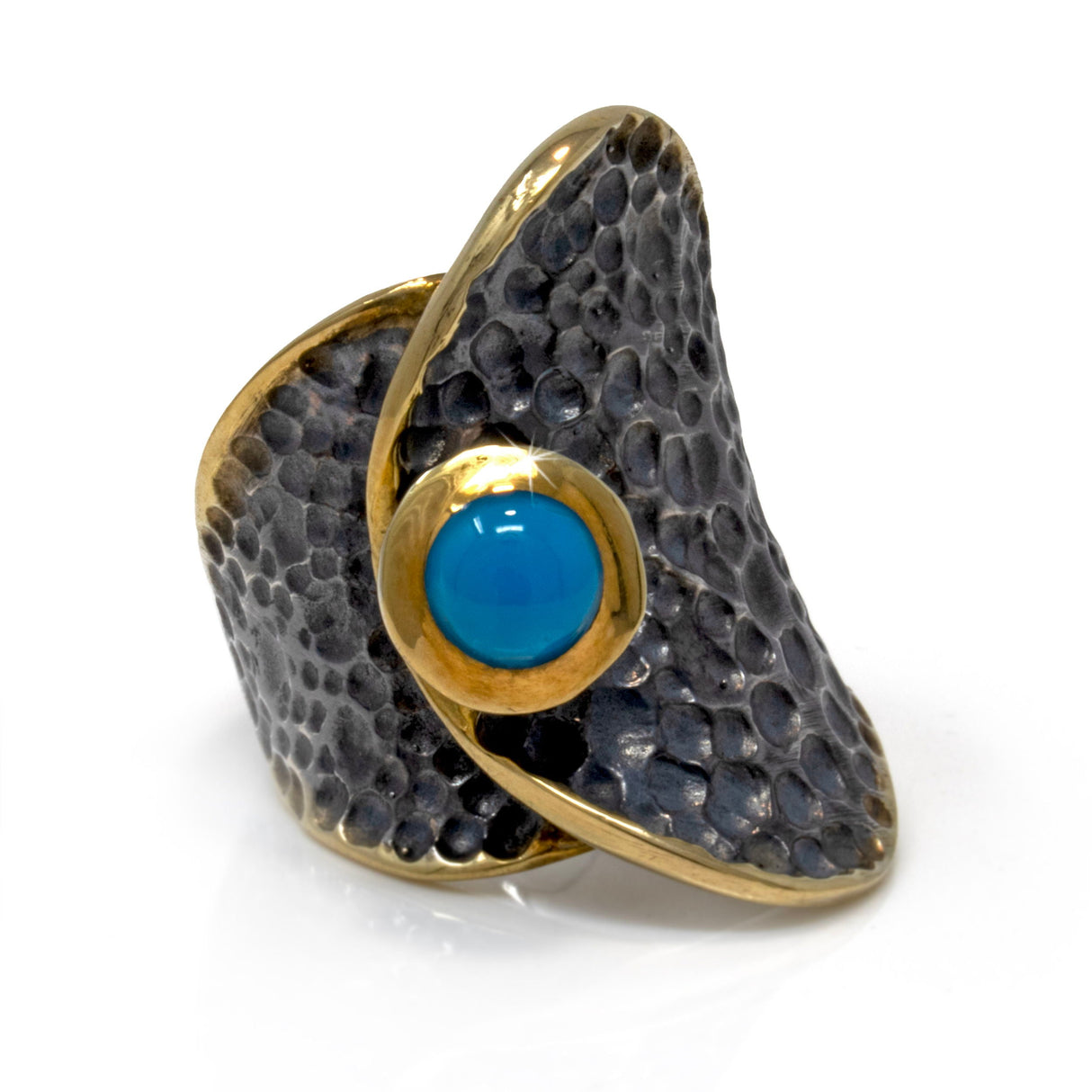 New Mexico (Campositos) Turquoise Ring - Round Cabochon with Gold Vermeil Bezel Set on Hammered Oxidized Band with "Falling Leaf" Folded Design - Gold Vermeil Size 7