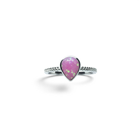 Rare Earth Gallery pear shaped pink opal ring featuring a textured silver band on a clean white background