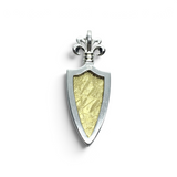 Rare Earth Gallery Muonionalusta meteorite shield pendant with gold plating, sterling silver, and fleur de lis top.