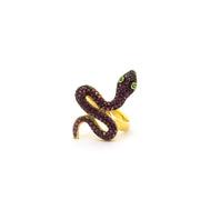Pink nano stone pave snake ring with green eyes coiled in gold vermeil over sterling silver