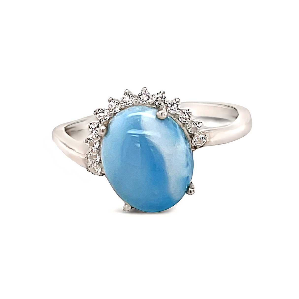 Bague Larimar - Ovale serti de griffes avec croissant CZ blancs serti en chaton argenté