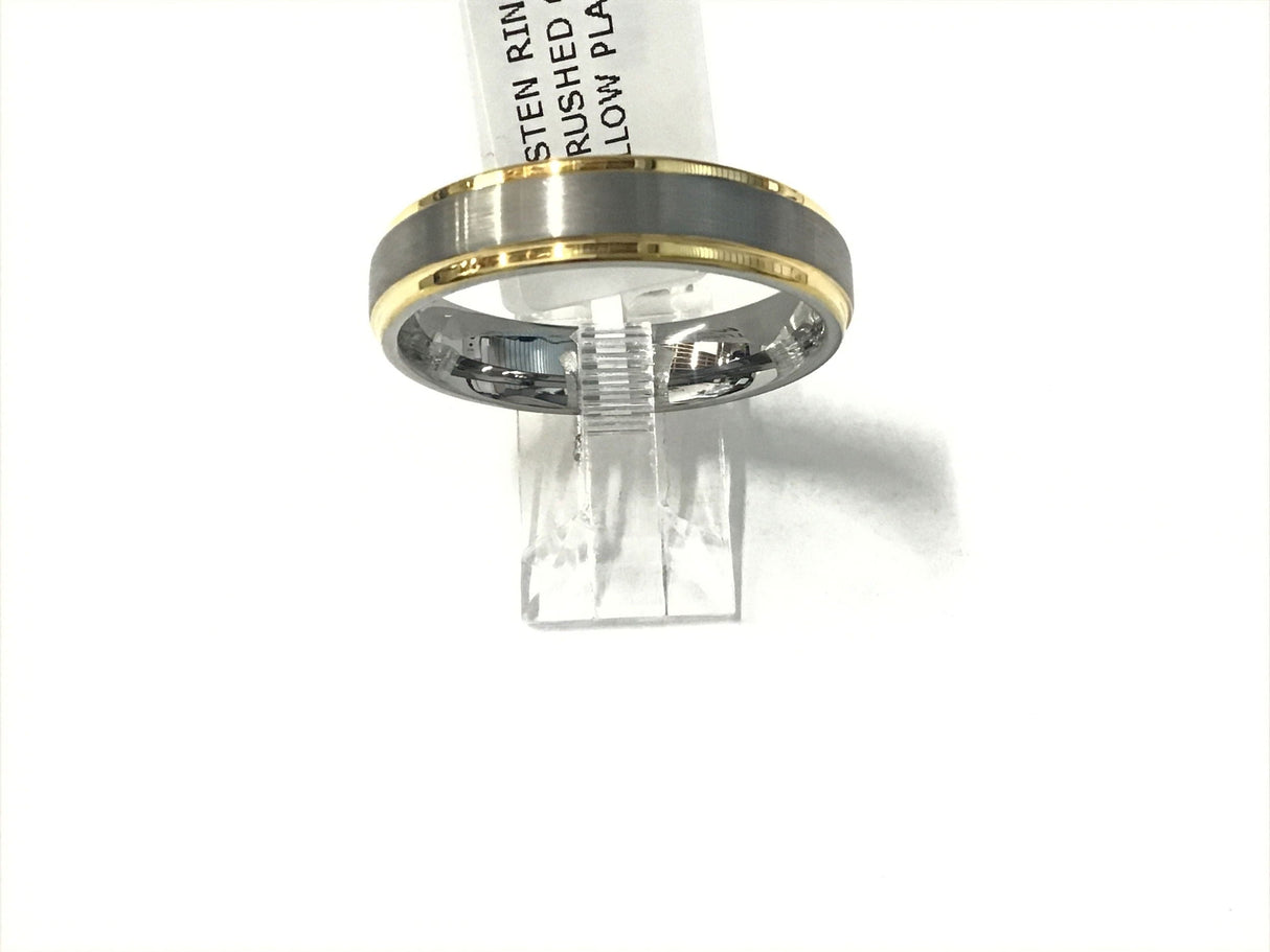Tungsten band with brushed silver center and polished yellow gold-plated edges