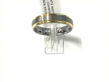 Tungsten band with brushed silver center and polished yellow gold-plated edges