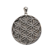 Muonionalusta meteorite pendant with Flower of Life silver overlay over etched Widmanstatten pattern