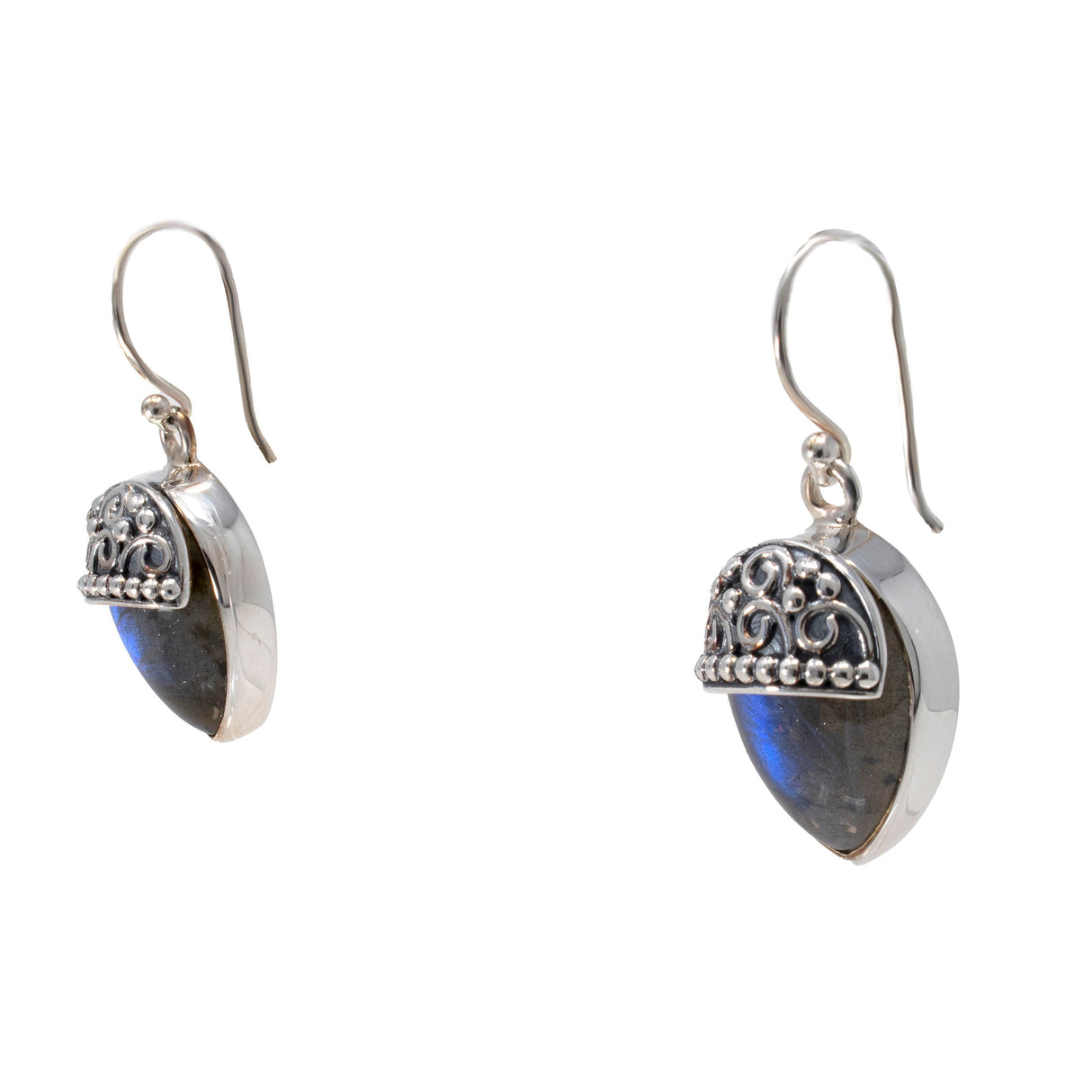 Labradorite Dangle Earrings Reverse Pear with Silver Cap Detail