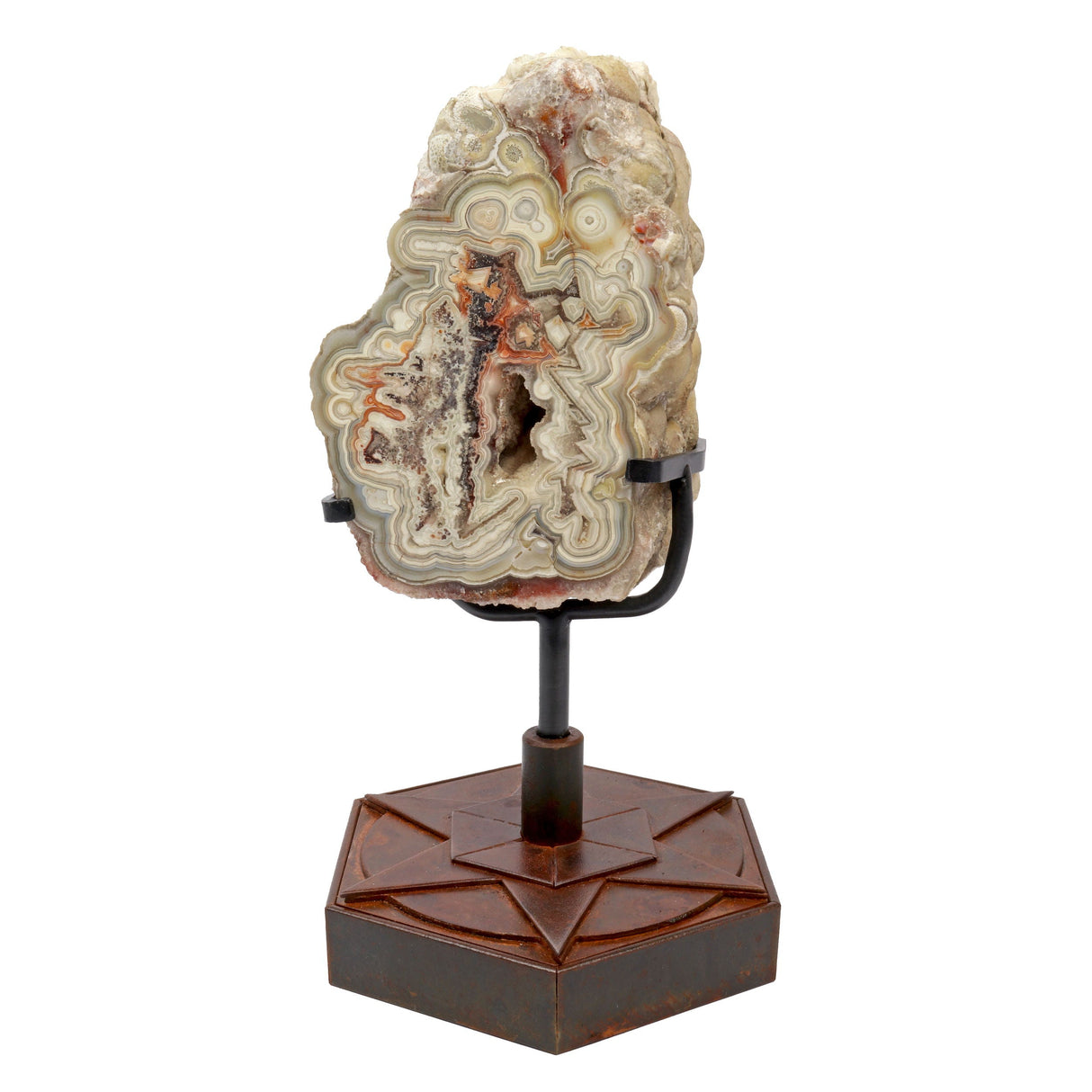 Laguna Lace Agate Geode on A Custom Patina Geometric Star Stand