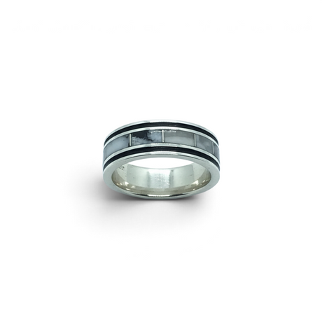 Rare Earth Gallery rectangle infinity inlay ring featuring white Howlite and a 925 sterling silver band with oxidized edges