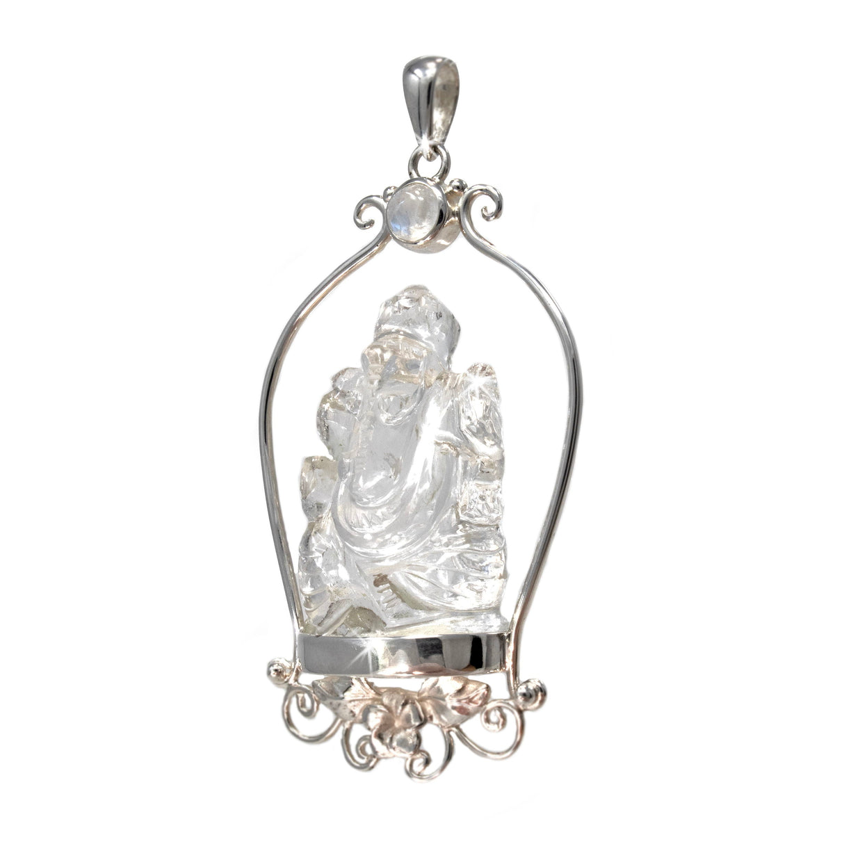 Carved Ganesha Quartz Pendant with Round Rainbow Moonstone Cabochon Set on Silver Perch with Leaves & Filigree on Bottom
