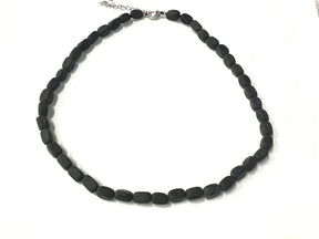 Matte black obsidian rectangle tumbled bead necklace with silver lobster clasp and extender.