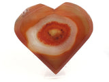 Sardonyx Carnelian Agate Heart Flat with Druze on Lucite Stand - Light Orange & Yellow Around Edges with Quartz Band Surrounding Ornage & Yellow Center Druzy Pocket