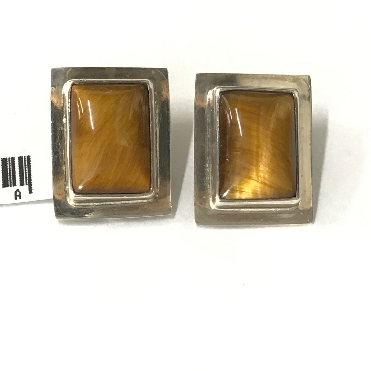 Tigers Eye Clip Earrings - Rectangle Cabochon With Silver Bezel Edge