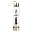 Amethyst crystal water bottle standing upright, front view with deep purple point in stainless base