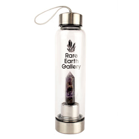 Amethyst crystal water bottle standing upright, front view with deep purple point in stainless base