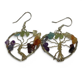 Heart-shaped wire-wrapped tree of life earrings with seven chakra gemstone chips
