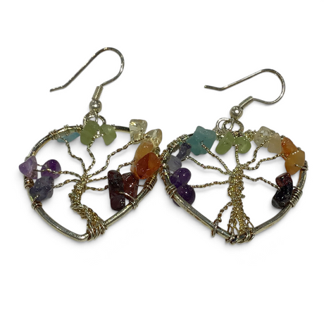 Heart-shaped wire-wrapped tree of life earrings with seven chakra gemstone chips