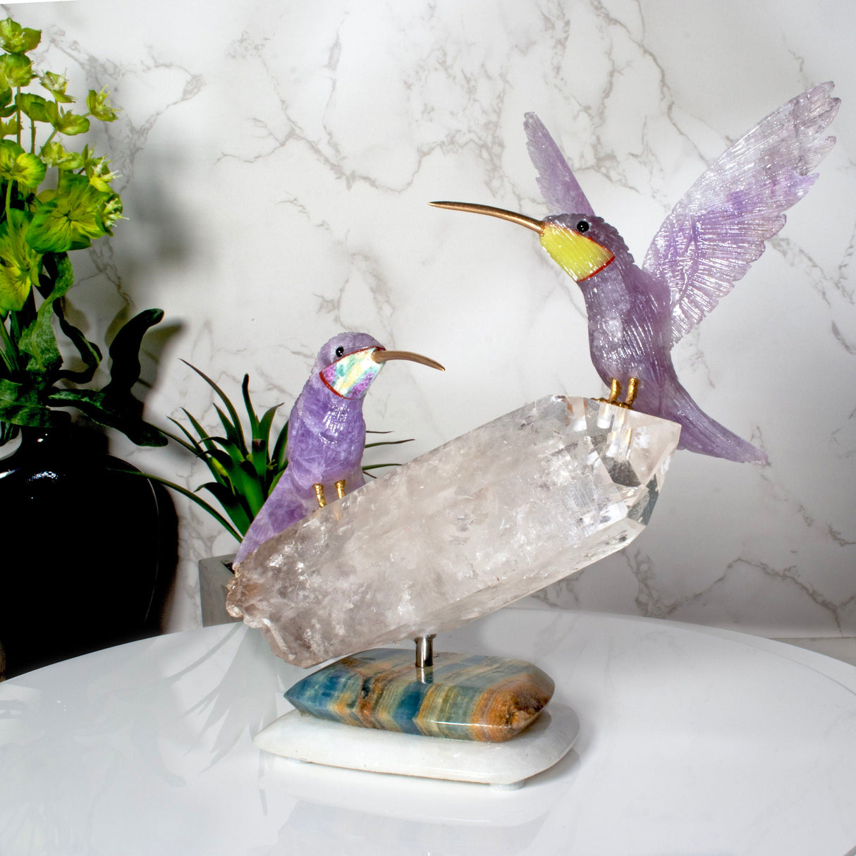 Amethyst Hummingbird Pair Perched on Quartz Crystal Cluster Base