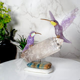 Amethyst Hummingbird Pair Perched on Quartz Crystal Cluster Base