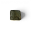 Rare Earth Gallery square labradorite ring featuring a simple bezel-set cabochon with green and yellow iridescent shift