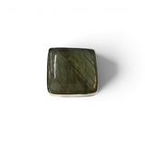 Rare Earth Gallery square labradorite ring featuring a simple bezel-set cabochon with green and yellow iridescent shift