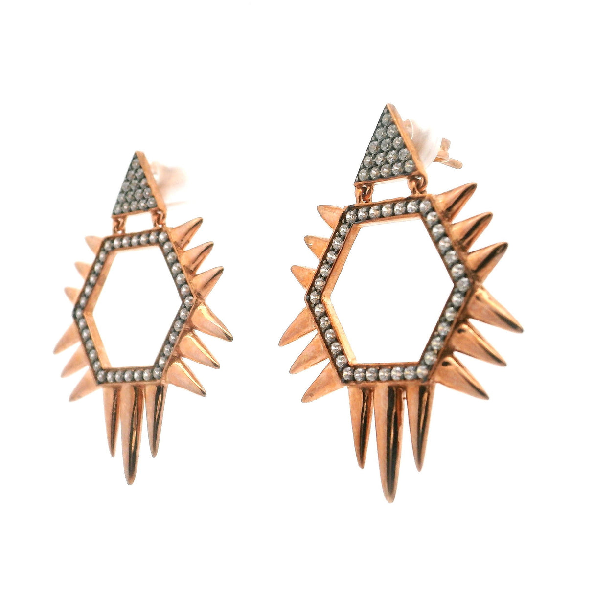 Nano Stone Dangle Earrings - Quartz Triangle & Hexagon with Spiky Edges & Rose Gold Overlay over 925 Sterling Silver