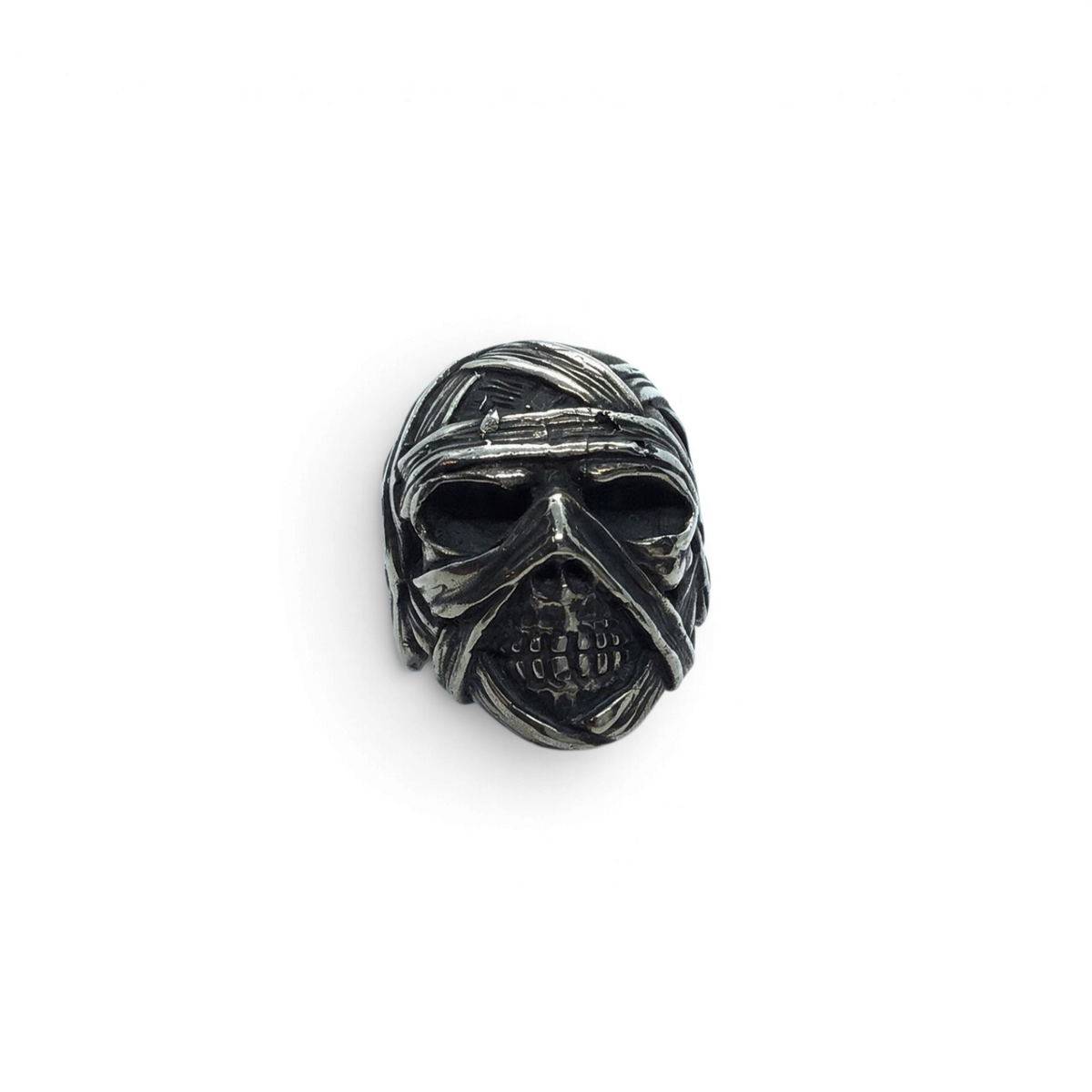 Rare Earth Gallery sterling silver mummy skull ring with detailed bandaged wrap design and oxidized finish.