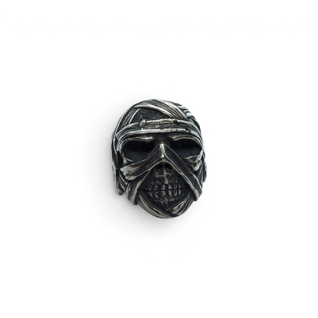 Rare Earth Gallery sterling silver mummy skull ring with detailed bandaged wrap design and oxidized finish.