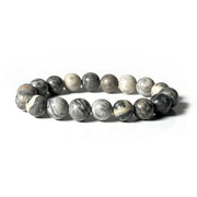 Zebra jasper beaded stretch bracelet with 10mm grey and cream marbled rounds.
