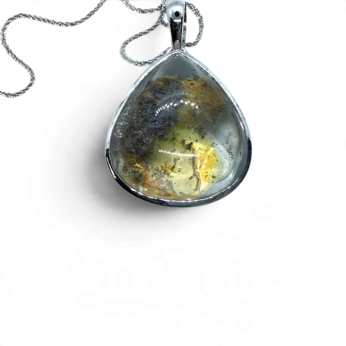 Rare Earth Gallery pear-shaped Lodolite pendant featuring yellow and gray mineral inclusions in clear Garden Quartz