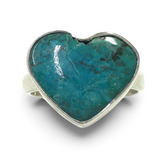 Rare Earth Gallery heart-shaped Shattuckite Chrysocolla ring set in a simple sterling silver bezel