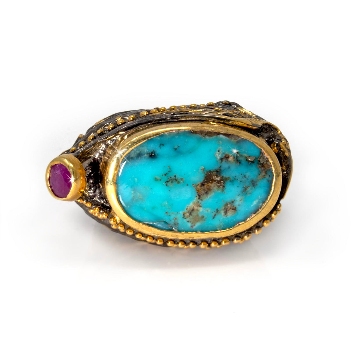 Persian Turquoise Ring Size 8.5 - Flat Cut Oval & Faceted Ruby Round with Gold Vermeil Bezels & Beading on Ornate Oxidized Sterling Silver Band with Flying Crane Design & Gold Vermeil Accents