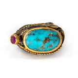 Persian Turquoise Ring Size 8.5 - Flat Cut Oval & Faceted Ruby Round with Gold Vermeil Bezels & Beading on Ornate Oxidized Sterling Silver Band with Flying Crane Design & Gold Vermeil Accents