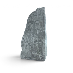 Angled view of the Muonionalusta meteorite mountain corner cut showing crisscrossing bands and slab thickness