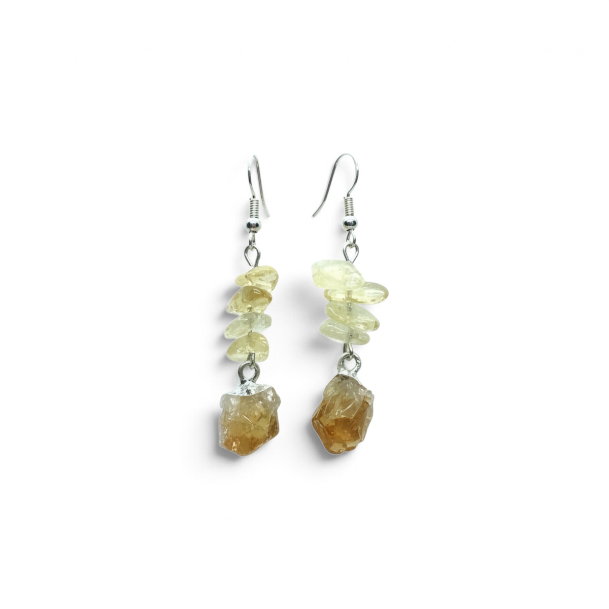 Rare Earth Gallery dangle earrings featuring raw citrine points and pale yellow quartz chips on silver hooks