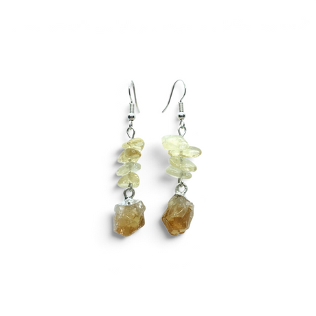 Rare Earth Gallery dangle earrings featuring raw citrine points and pale yellow quartz chips on silver hooks