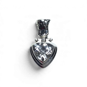 Rare Earth Gallery trillion-cut clear quartz pendant in a 925 sterling silver step bezel with a pebble tech bail.