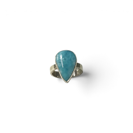 Rare Earth Gallery larimar ring featuring a large pear-shaped cabochon stone in a raised silver bezel setting