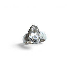 Rare Earth Gallery Herkimer diamond ring featuring a faceted freeform stone in a 925 sterling silver bezel setting.