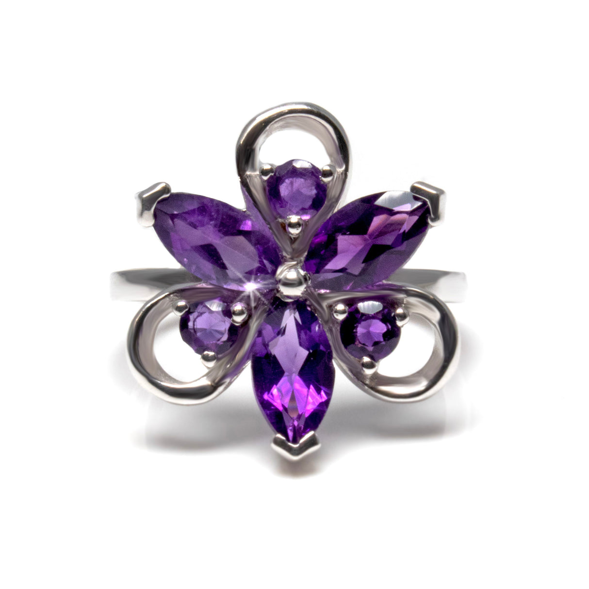 Faceted Prong Set Amethyst Ring with Faceted Sharp Ovals  and Rounds with Silver Loop Detail - Water Lily Shape