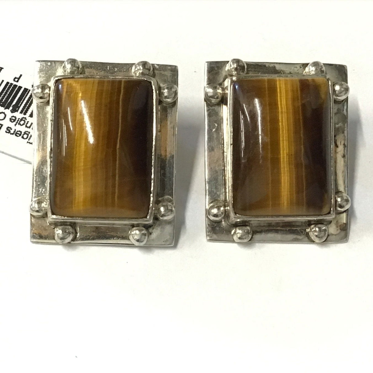 Tigers Eye Clip Earrings - Rectangle Cabochon With Silver Bezel Edge & Beads