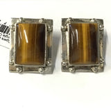 Tigers Eye Clip Earrings - Rectangle Cabochon With Silver Bezel Edge & Beads