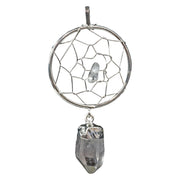 Quartz dreamcatcher pendant, silver woven hoop with center bead and hanging crystal point
