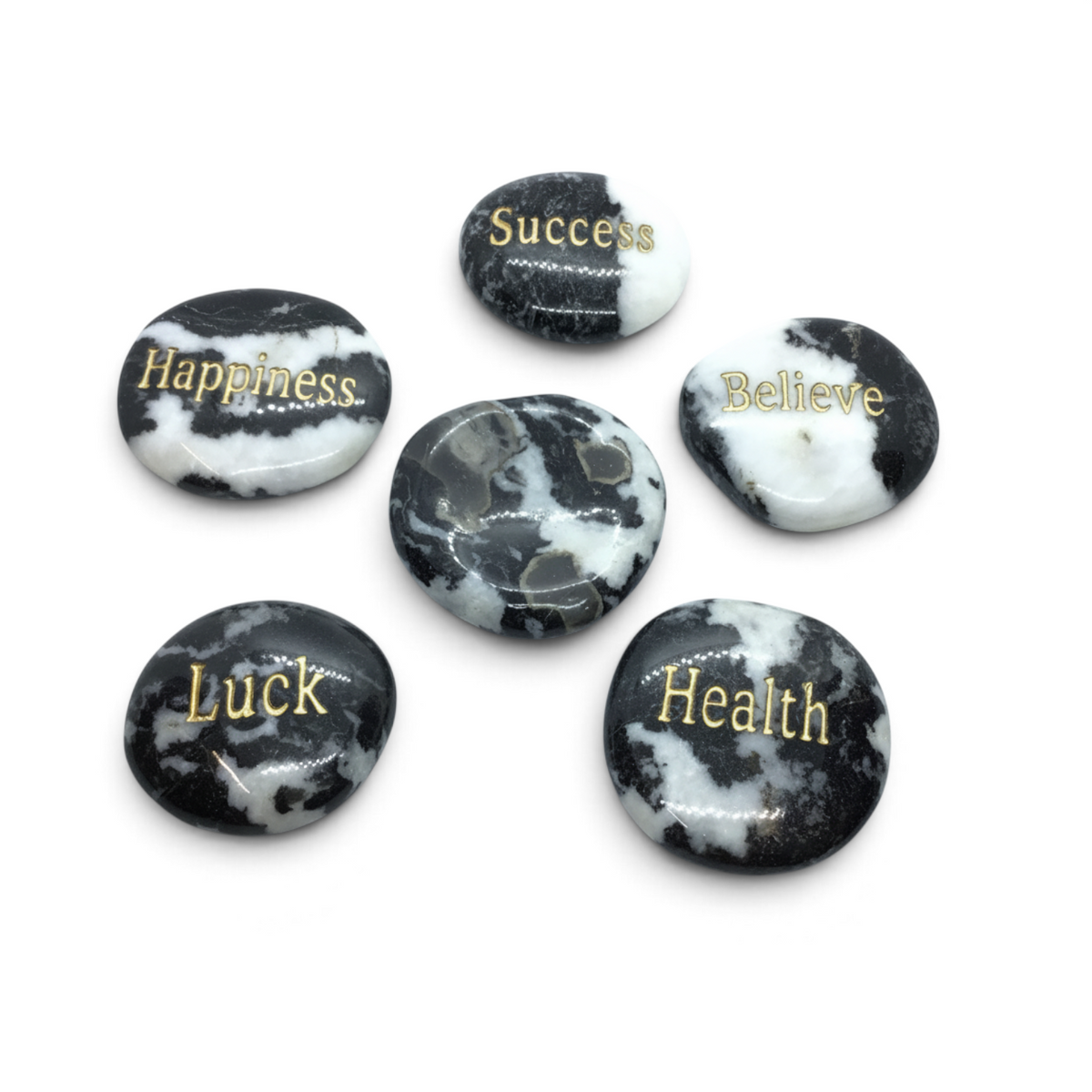 Rare Earth Gallery zebra jasper wishing stones featuring engraved inspirational words in gold lettering