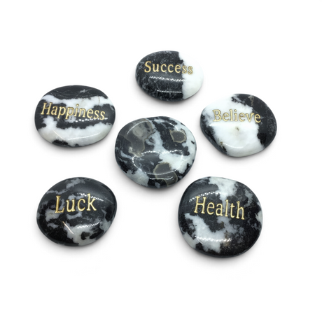 Rare Earth Gallery zebra jasper wishing stones featuring engraved inspirational words in gold lettering